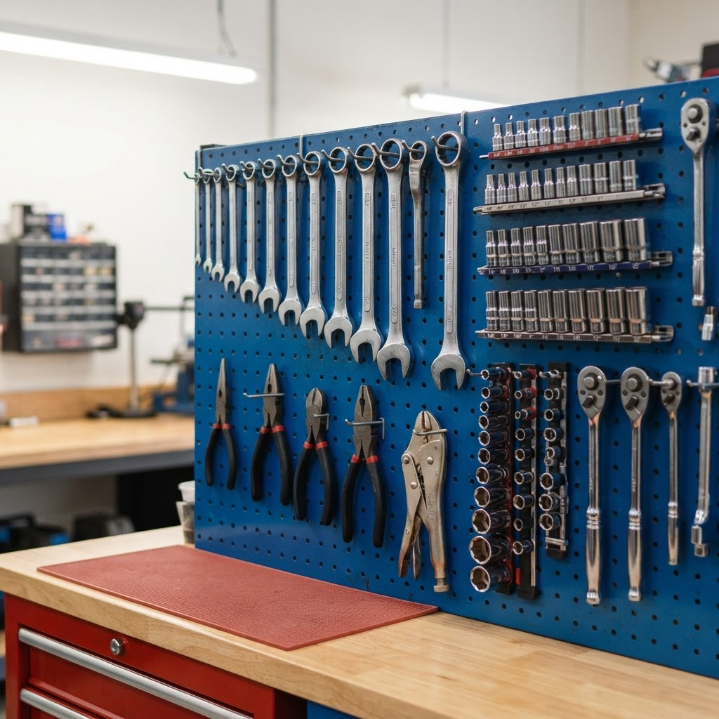 Well-equipped automotive workshop with tools neatly organised