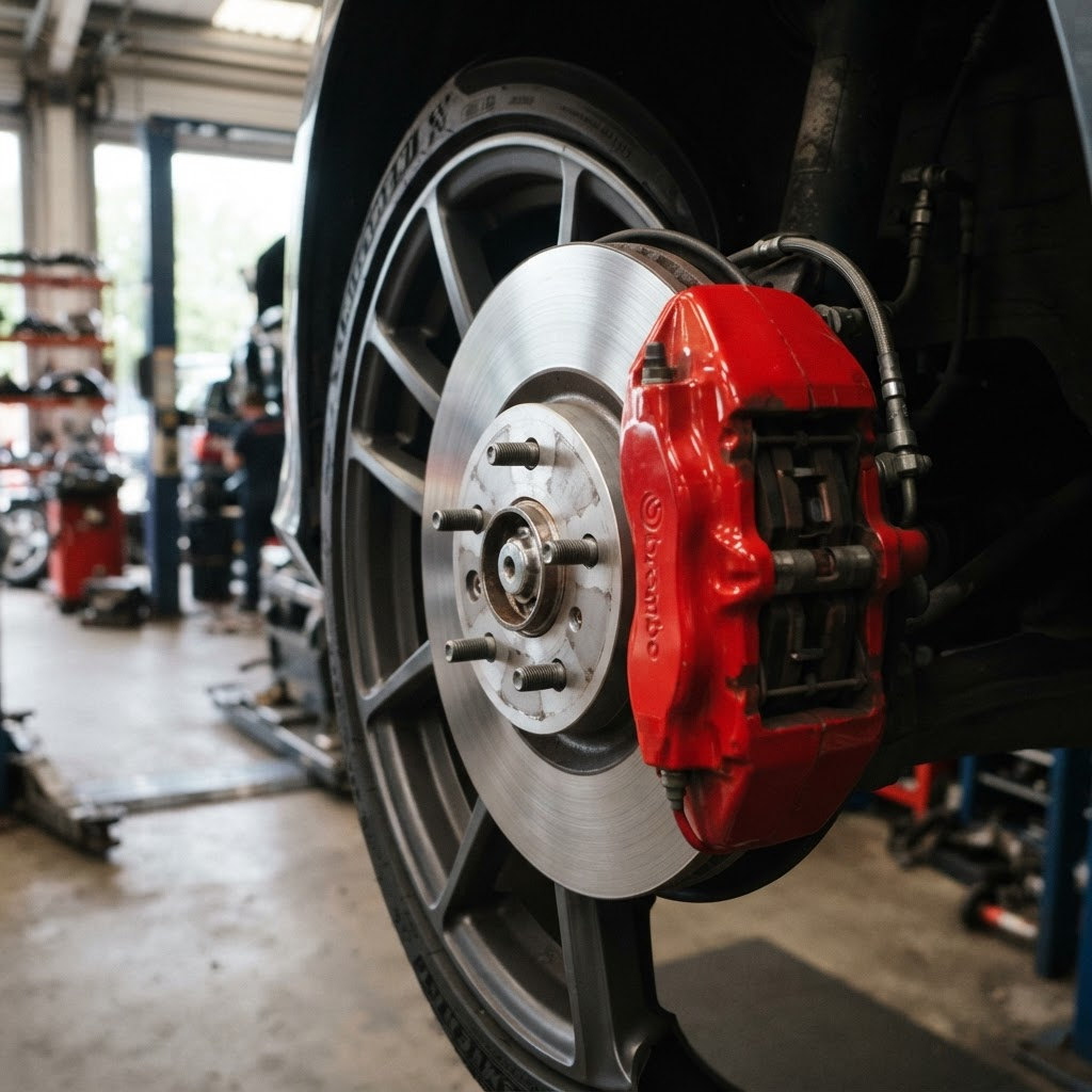 Disc brake rotor and caliper close-up