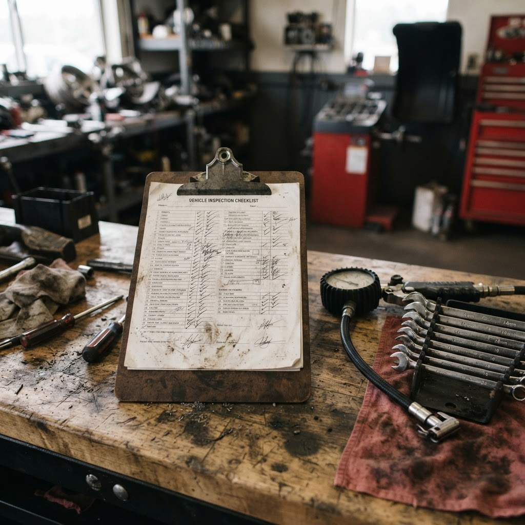 Automotive service checklist and tools on a workshop bench